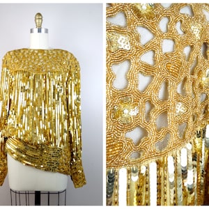 80s Couture Sequin Peekaboo Beaded Top / Glam Golden Dressy Top w/ Sheer Cut Outs