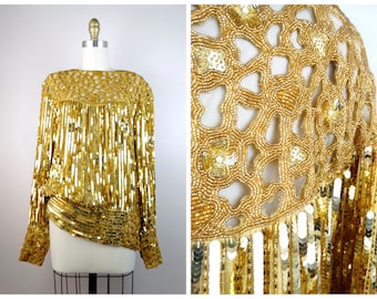 80er Jahre Couture Pailletten Peekaboo Perlen Top / Glam Golden Dressy Top w / Sheer Cut Outs