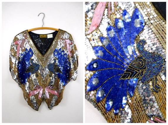 VTG Butterfly Sequined Blouse // Art Deco Peacock… - image 1