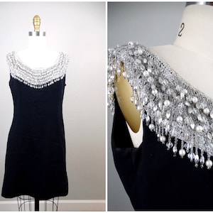 70s Glam Fringe Embellished Mini Dress // Vintage Fringe Pearl Beaded Little Black Short Party Dress // Mod Go-Go Dress