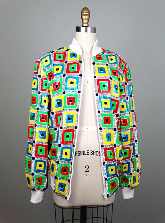 80s Neon Sequined Bomber // Bright Color Block Se… - image 2