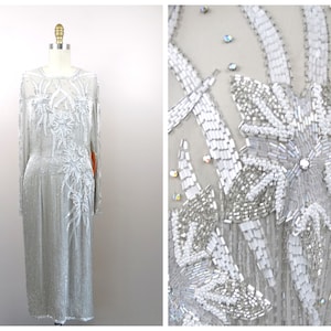 VTG Rhinestone Crystal Beaded Dress // Heavily Embellished Silver Gray and White Beaded Sheer Silk Dress // Art Deco Dress