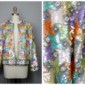 Chaqueta con lentejuelas y cuentas de color block M/L de Black Tie Oleg Cassini / Cárdigan abierto con lentejuelas iridiscentes estilo art déco en colores pastel