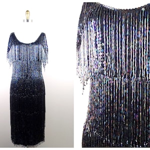 All Over Fringe Beaded Dress / Fully Sequined Dress / Black Oilslick Beaded Tassel Dress