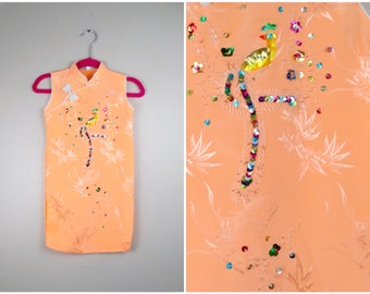 2t/3t Toddlers Sequin Cheongsam Dress / RARE Neon Orange Oriental Baby Girls Dress / Little Girl's Mandarin Dress / Kids Qipao