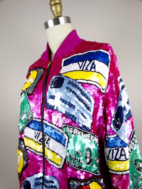 RARE Credit Card Sequin Jacket / Novelty Hot Pink… - image 5