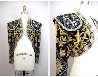 Ornate Rhinestone Beaded Bolero Shrug / Silver and Gold Beaded Tassel Embellished Vintage Crystal Couture Cropped Jacket