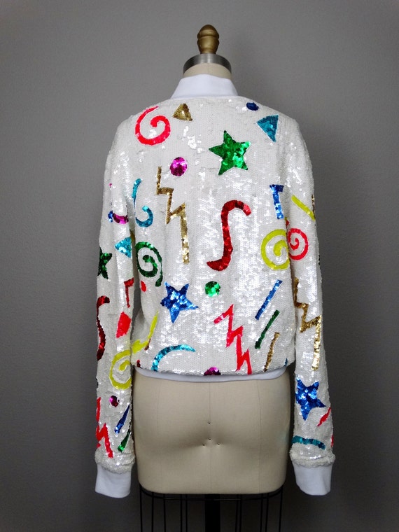 90s Y2K Neon Sequined Jacket / Bright White Sequi… - image 4