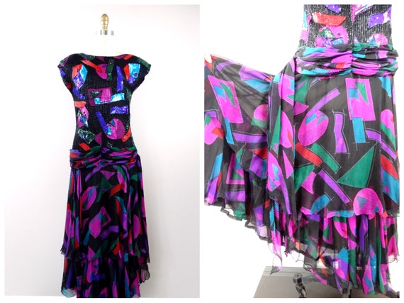 Vtg Silk Beaded Sequin Dress / Sheer Chiffon Embe… - image 1