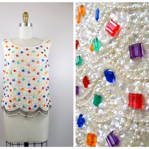 60s Multicolor Jewel Embellished Top // 1960&#39;s Rainbow Candy Gem Pearl Beaded Sequined Top // Bright Colorful Bejeweled Top