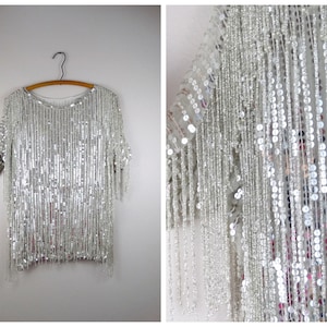 All Fringe Beaded Blouse // Heavily Embellished Mirror Sequin Silk Dress Top // Silver Fringed Beading Crop Top