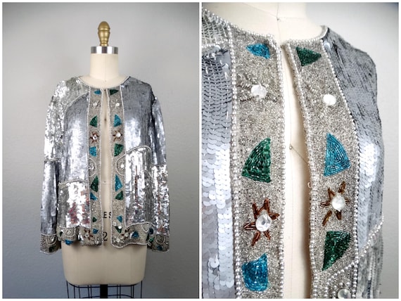 Reflective Sequin Open Cardigan / Mirror Silver B… - image 1