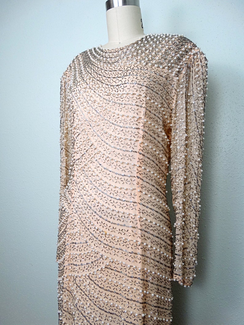 Vintage Pearl Beaded Dress Designer Pearl Beaded Sequined Silk Dress Heavily Embellished Dress