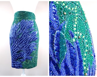 1990s Couture Crystal Beaded Skirt // Haute Vintage Runway Designer Sequin Embellished Rhinestone Encrusted Dress Skirt by GENNY in Italy