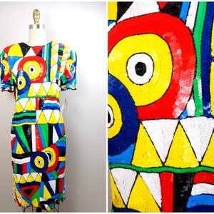 M/L Primary Color Sequined Dress / Geometric Sequin Colorblock Dress / Bright Deadstock Vintage Dress w/ Tags