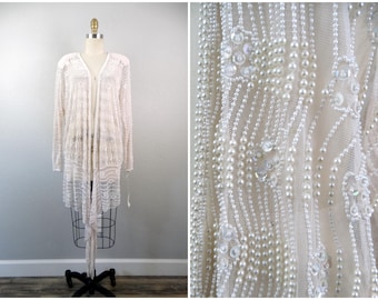 Art Deco Pearl Beaded Sheer Duster / Long Bridal Wedding Jacket
