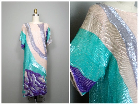 S/M Iridescent Beaded Sequin Dress / Mint Green Pu