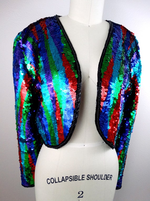 M/L Colorful Sequin Cropped Cardigan / Bright Gla… - image 5