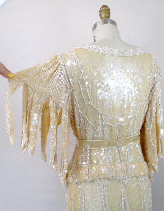 70s Hand Beaded Pearl Fringe Dress w/ Belt // Vin… - image 8