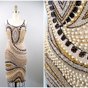 90s Y2K Pearl Beaded Mini Dress / Black White Beige Gold and Silver Dress / Whimsical Bridal Reception Dress