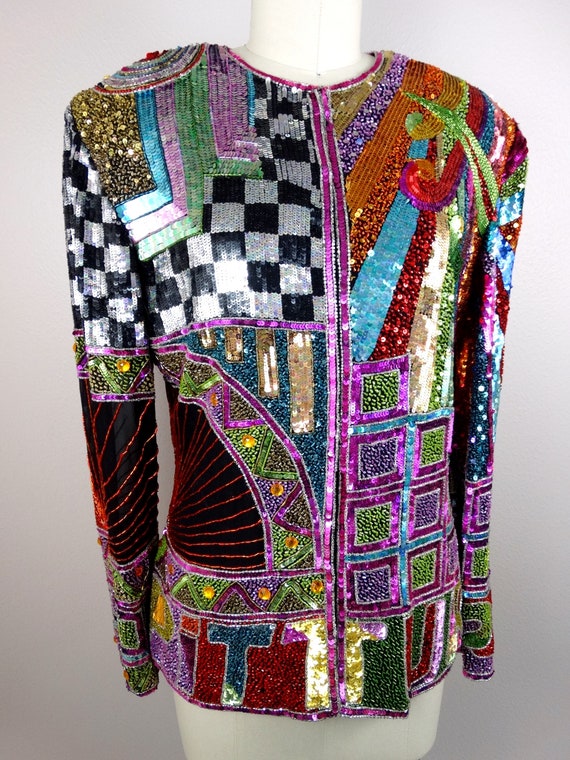 RETRO Rainbow Sequin Beaded Jacket // Glam Silk S… - image 3