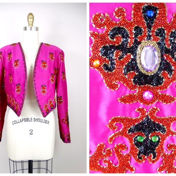 90s Jewel Beaded Fancy Bolero Jacket / Jeweled Bolero / Hot Pink Retro Gem Embellished Silk Cardigan Shrug