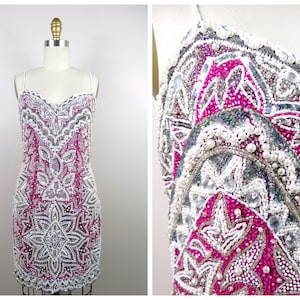 HEAVY Pearl Mini Dress / Pink Silver and White Beaded Dress / Jewel Embellished Couture Party Dress