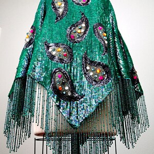 RARE Haute Couture Sequined Fringe Beaded Poncho / Jade Green Art Deco Jewel Encrusted Sequin Embellished Cape Top image 3