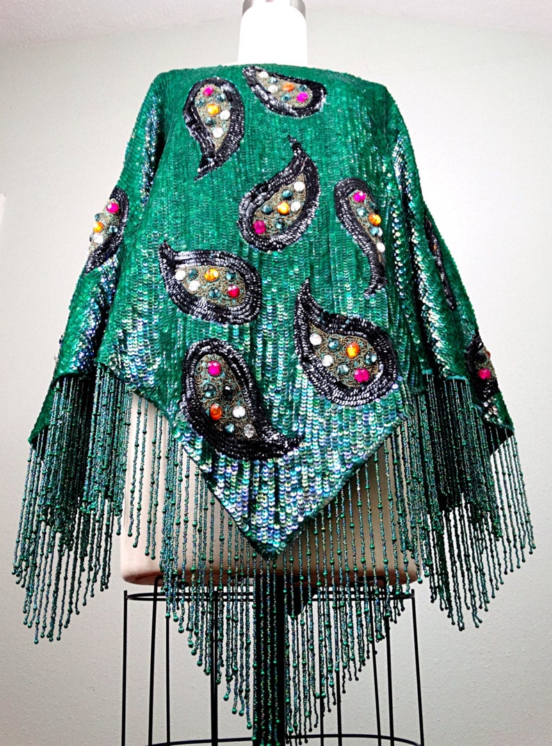 RARE Haute Couture Sequined Fringe Beaded Poncho / Jade Green Art Deco Jewel Encrusted Sequin Embellished Cape Top image 3