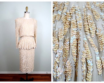 Vintage crème rok met kralen en lovertjes // champagnekleurige ivoor met lovertjes verfraaide beige rok