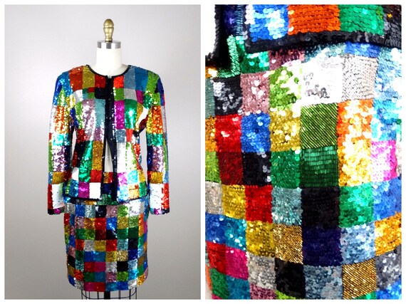 90s Checkered Rainbow Sequined Colorblock Mini Skirt + Jacket / Multi Color  Block Sequin Embellished Dress Skirt and Blazer Top - Etsy