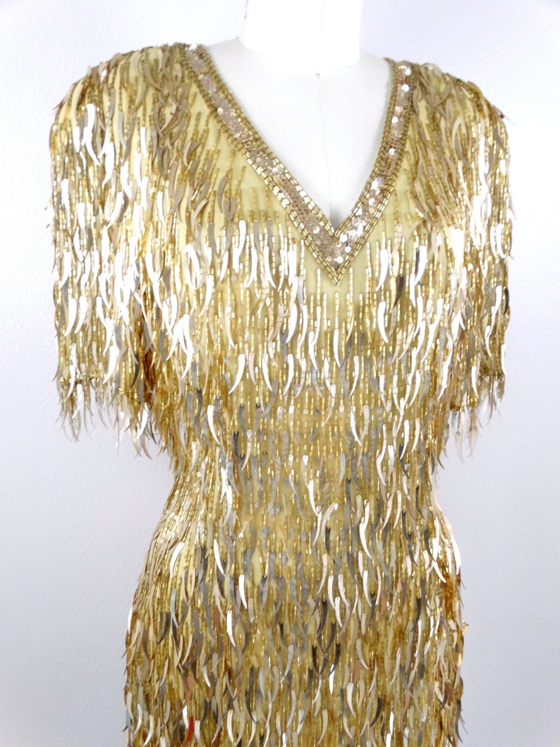 Vintage GLAM Sequin Fringe Beaded Dress // Cattail Gold Etsy UK