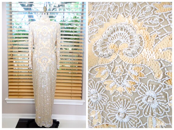 DAZZLING Iridescent Sequin Pearl Beaded Gown / Vintage Embellished Dress /  Ivory Silk Sequined Gown - Etsy