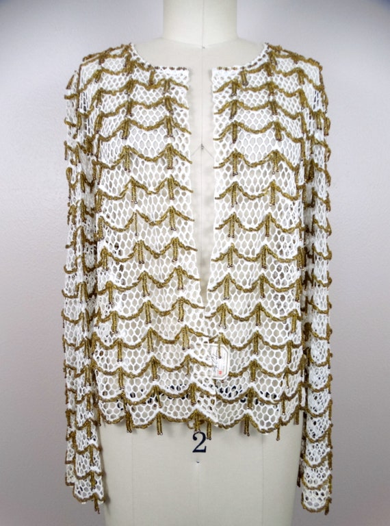 RARE Gold Beaded Fringe Lace Bolero Cardigan by S… - image 2