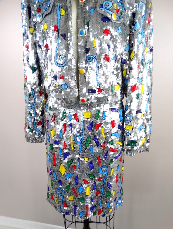 80s Funky Glam Sequin Jacket and Skirt // Mirror … - image 3