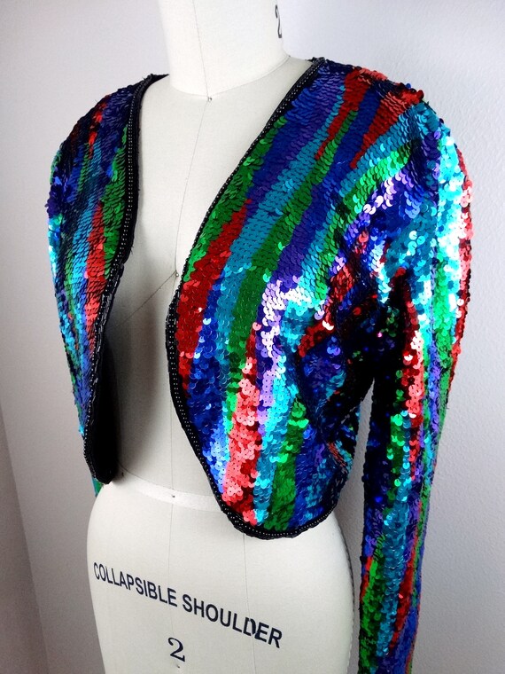M/L Colorful Sequin Cropped Cardigan / Bright Gla… - image 4