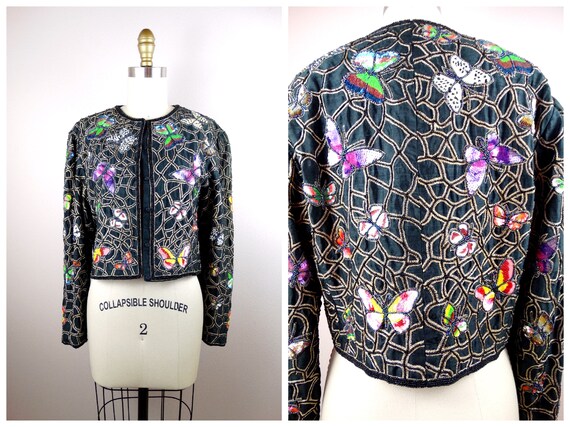 Jeanette Butterfly Beaded Sequin Embellished Jacket Jewel Tone Rainbow Sequined Cropped Jacket Novelty Butterflies Bolero By St Martin - 