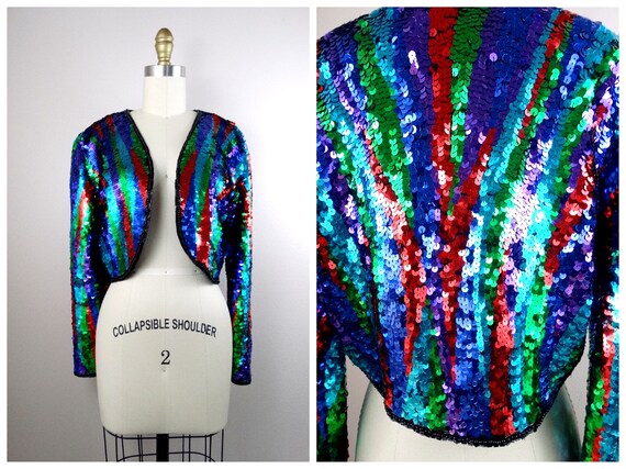 M/L Colorful Sequin Cropped Cardigan / Bright Gla… - image 6