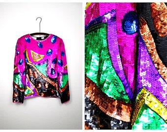 M/L Bright Sequin Top / Hot Pink Sequined Blouse / Retro Trophy Sequin Top