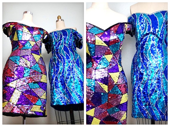 1980's Sequin Party Dress / 80s Mosaic Sequined Dr