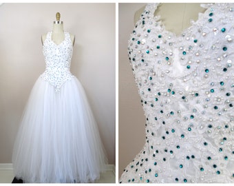 Oleg Cassini Rhinestone Wedding Gown / Emerald Crystal Beaded Princess Bridal Dress / White Tulle Ball Gown
