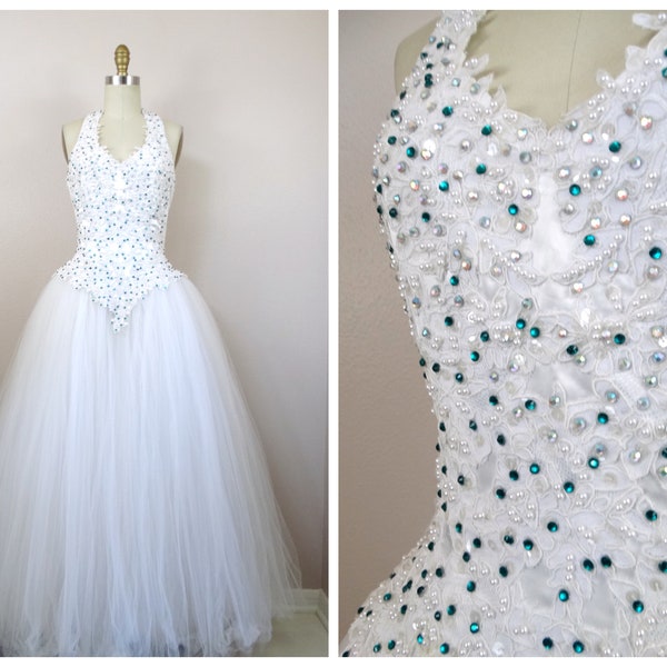 Oleg Cassini Emerald Rhinestone Wedding Gown // Fairytale Crystal Beaded Princess Bridal Dress // White Tulle Ball Gown