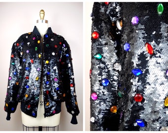 80s GLAM Jewel Embellished Sequined Bomber Jacket / Rainbow Rhinestone Coat / 1980's Bedazzled Vintage Jacket