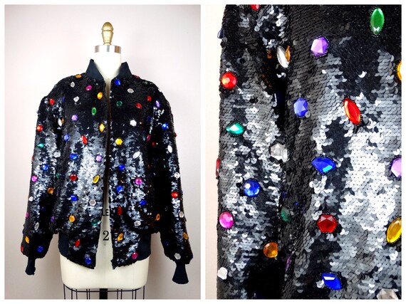 80s GLAM Jewel Embellished Sequined Bomber Jacket Rainbow Rhinestone Coat 1980 s Bedazzled Vintage Jacket Etsy
