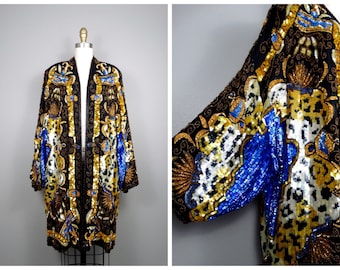 VTG Sequin Kimono Jacket / Bohemian Novelty Open Kaftan / Black Gold Blue Art Deco Sequined Long Jacket O/S