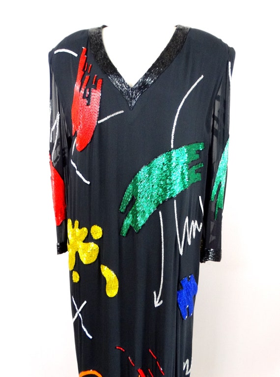 90s Abstract Art Beaded Silk Dress // Hand Embell… - image 2