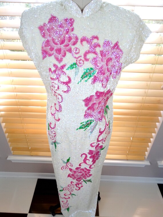 Vtg Cheongsam Sequin Gown / Vintage Iridescent Se… - image 2