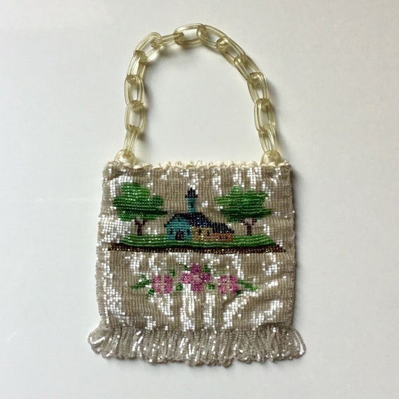 Antique Micro Beaded Scene Fringe Handbag // Art … - image 1