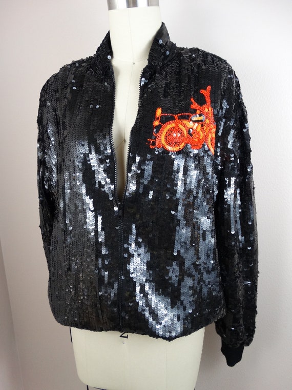 MOTO Sequin Moto Jacket // 80's Black and Neon Or… - image 3