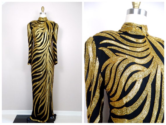 Gold Beaded Gown // Art Deco Black & Gold Sequin … - image 8